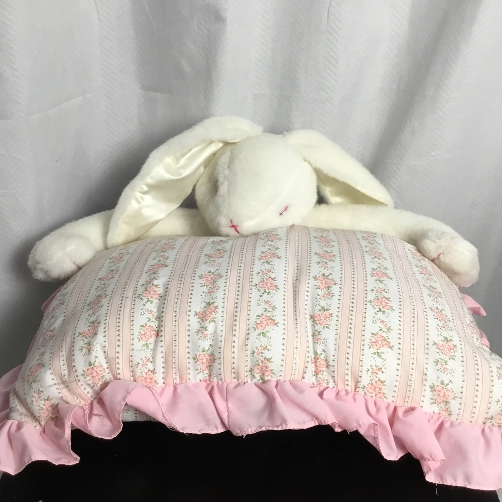 Vintage 1993 Bunny Rabbit Hugging Pillow White Pink Ruffle Small Child Crib Smal